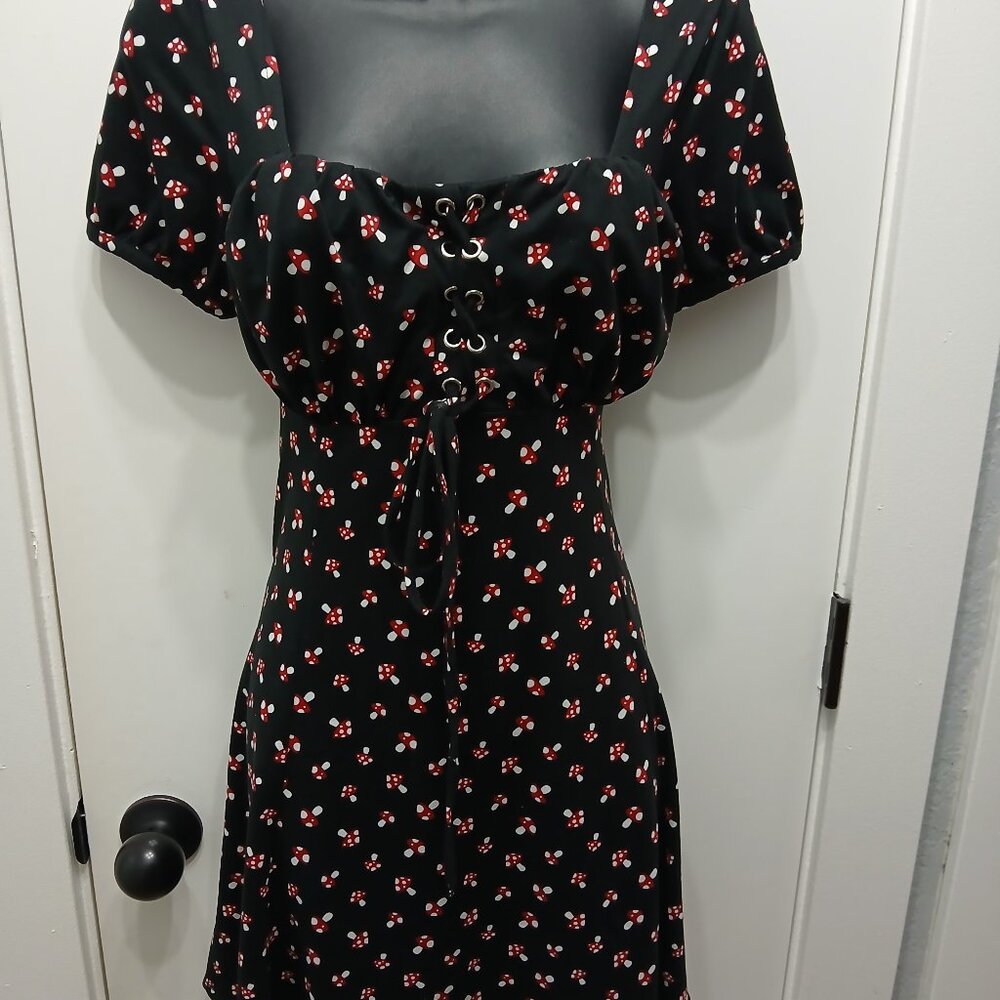 Black Puff-Sleeve Midi Dress with Red Floral Print
